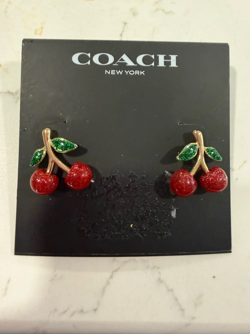 COACH Gold-Tone Cherry Stud Earrings with Red & Green Glitter - Picture 1 of 1